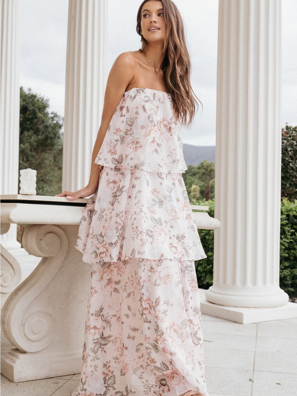 Petal & Pup Pink Floral Strapless Tiered Maxi Dress